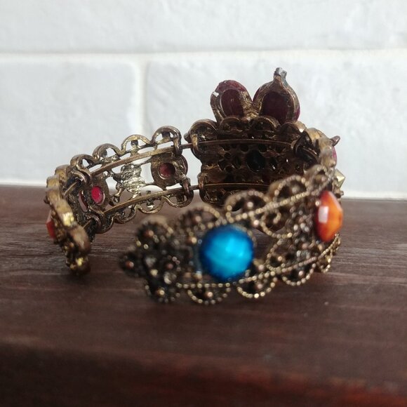 Women's colourful large flower intricate cuff bracelet brass multicolour stones - Picture 7 of 11